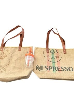 Nespresso Beige Jute Tote Bags with Brown Leather Straps and cold drinks cup
